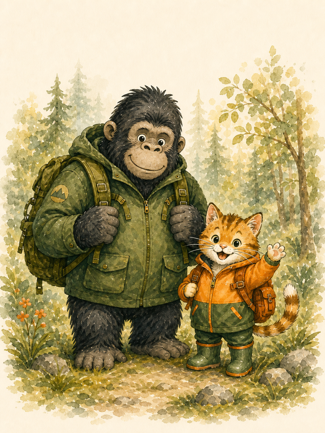 Katze und Gorilla in Outdoor-Kleidung im Wald